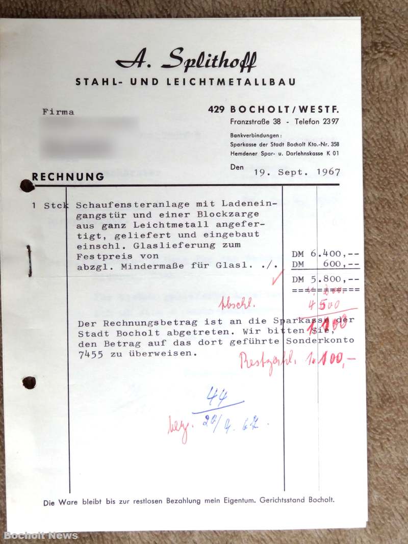 ALTE RECHNUNGEN BOCHOLTER UNTERNEHMEN AUS DEN JAHREN 1966 1970 DOKUMENT 18 SPLITHOFF