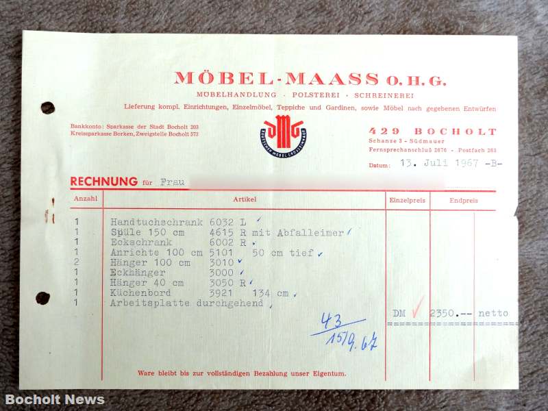 ALTE RECHNUNGEN BOCHOLTER UNTERNEHMEN AUS DEN JAHREN 1966 1970 DOKUMENT 23 MOEBEL MAAS