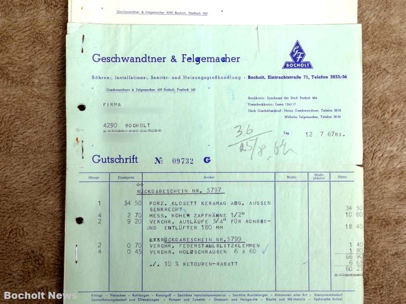 ALTE RECHNUNGEN BOCHOLTER UNTERNEHMEN AUS DEN JAHREN 1966 1970 DOKUMENT 32 GESCHWANDTNER UND FELGEMACHER