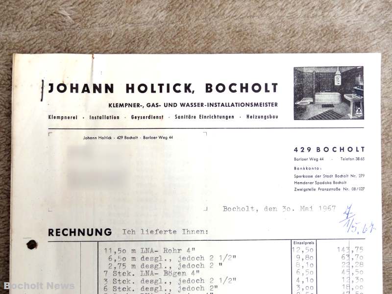 ALTE RECHNUNGEN BOCHOLTER UNTERNEHMEN AUS DEN JAHREN 1966 1970 DOKUMENT 8 JOHANN HOLTICK