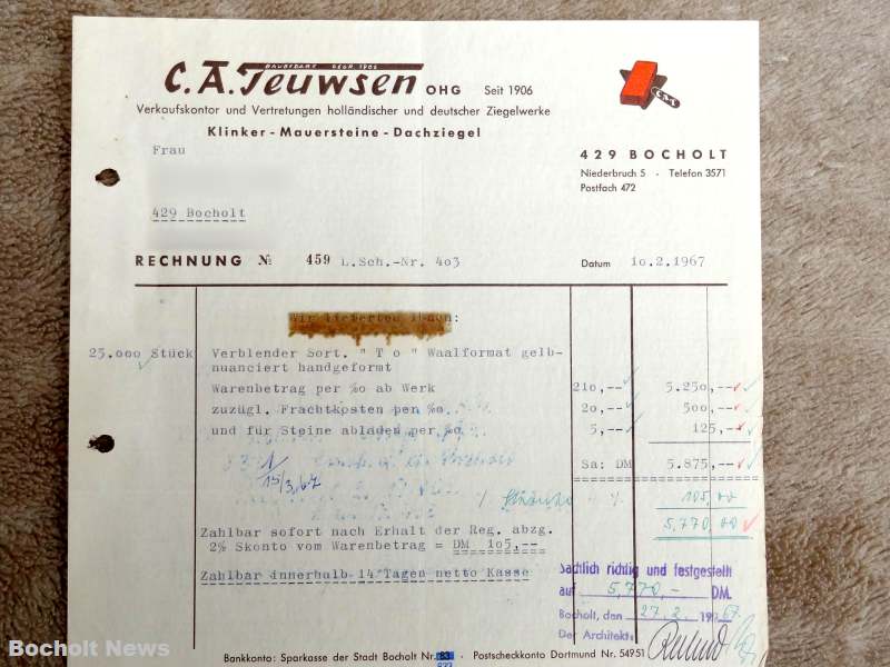 ALTE RECHNUNGEN BOCHOLTER UNTERNEHMEN AUS DEN JAHREN 1966 1970 DOKUMENT 9 TEUWSEN