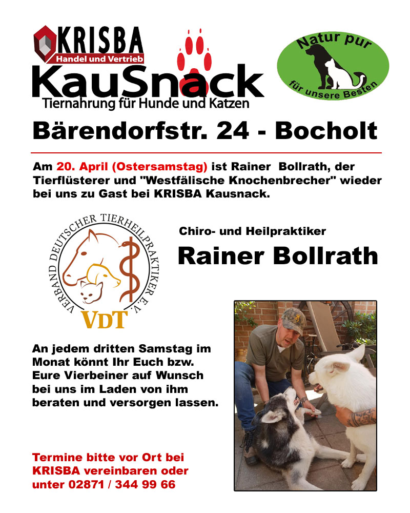 SPRECHSTUNDE IM APRIL 2019 DES TIERHEILPRAKTIKERS RAINER BOLLRATH IM LADEN VON KRISBA KAUSNACK