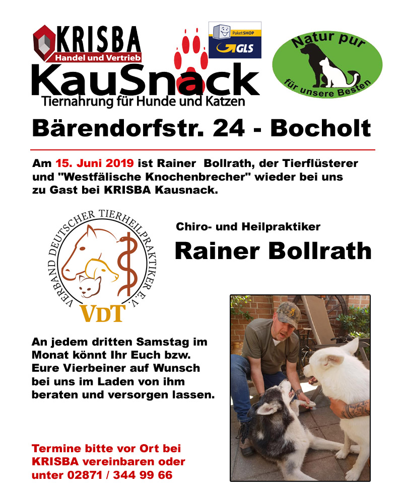 SPRECHSTUNDE IM JUNI 2019 DES TIERHEILPRAKTIKERS RAINER BOLLRATH IM LADEN VON KRISBA KAUSNACK