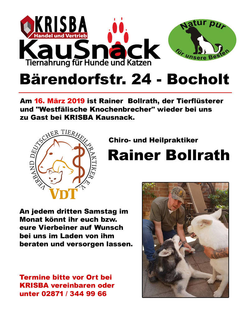 SPRECHSTUNDE IM MAERZ 2019 DES TIERHEILPRAKTIKERS RAINER BOLLRATH IM LADEN VON KRISBA KAUSNACK