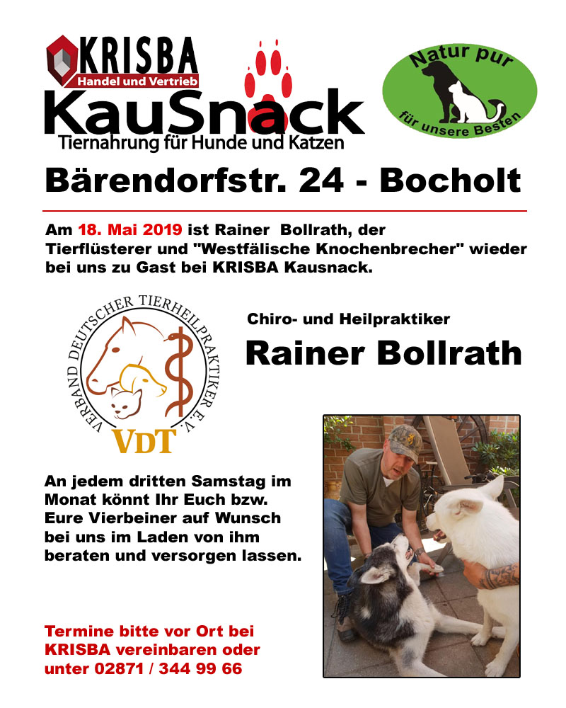 SPRECHSTUNDE IM MAI 2019 DES TIERHEILPRAKTIKERS RAINER BOLLRATH IM LADEN VON KRISBA KAUSNACK